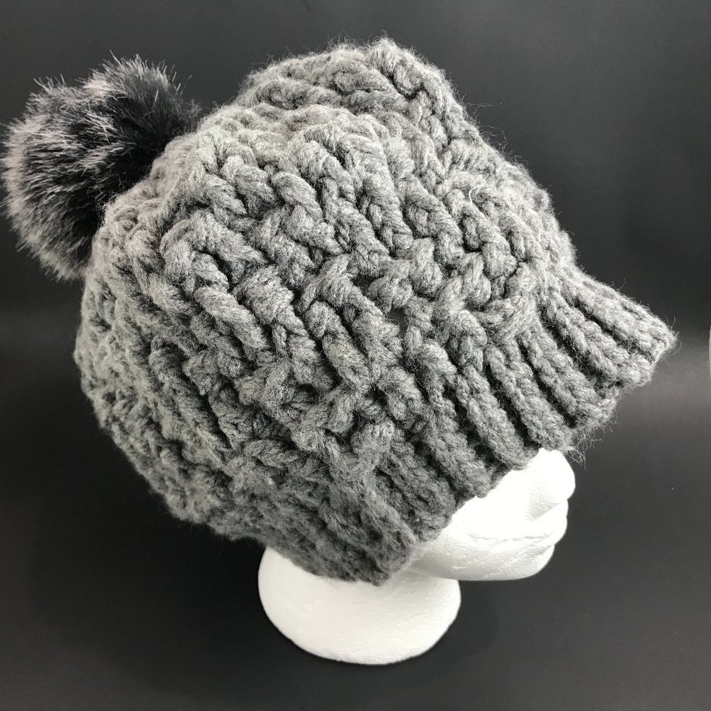 Grey, Blend, handknit beanie with Pom